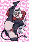  1girl :d animal_ears arm_behind_head arm_garter ass ass_visible_through_thighs black_gloves black_necktie black_tail black_vest boots breasts cerberus_(helltaker) checkered_background collared_shirt cropped_legs demon_girl demon_tail dog_ears dog_girl fang gloves heart helltaker highres holding_own_leg kneepits large_breasts leg_lift leg_up long_hair looking_at_viewer low-tied_long_hair necktie open_mouth panties parallaxfused pink_background pleated_skirt presenting red_eyes red_panties red_shirt shirt skirt smile solo split standing standing_on_one_leg standing_split tail thigh_boots thighhighs thighs underwear vanripper_(style) vest white_background white_hair 