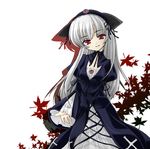  dress fang flower hairband head_tilt long_hair long_sleeves looking_at_viewer purple_eyes rose rozen_maiden setins silver_hair smile solo suigintou 