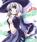  bare_shoulders breasts cadie character_name cleavage detached_sleeves green_eyes hat long_sleeves lowres matsukura_nemu medium_breasts no_bra oekaki pangya short_hair silver_hair smile solo witch witch_hat 