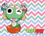  1girl 2boys bikini black_eyes black_hair copyright_name frog gashapon gun hinata_fuyuki hinata_natsumi keroro keroro_gunsou long_hair looking_at_viewer multiple_boys official_art official_wallpaper one_eye_closed red_hair short_hair simple_background spacesuit star_(symbol) swimsuit twintails weapon yoshizaki_mine 