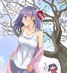  black_hair blush fate/stay_night fate_(series) hair_ribbon long_sleeves matou_sakura multiple_girls off_shoulder open_clothes open_shirt outdoors purple_eyes purple_hair resized ribbon shirt tank_top toosaka_rin translated tree una_(dpaxg) undressing 