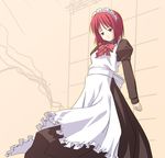 apron arms_behind_back black_eyes bow bowtie from_below hisui leaning_back long_sleeves maid maid_apron maid_headdress red_hair senji_(tegone_spike) short_hair solo tsukihime 