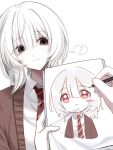  2boys :3 ? akinashi_haru blush_stickers brown_cardigan brown_eyes cardigan collared_shirt confused diagonal-striped_clothes diagonal-striped_necktie drawing_(action) drawing_(object) dress_shirt eyes_visible_through_hair head_tilt highres multiple_boys necktie pov pov_hands red_eyes red_necktie saihate_eki shirt simple_background single_blush_sticker smile solo_focus spoken_question_mark striped_clothes tatsunami_shion upper_body white_background white_hair white_shirt xiaoxu 