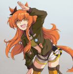  1girl animal_ears belt blush bomber_jacket bow breasts brown_ribbon commentary_request dog_tags ear_bow ear_ribbon green_belt green_jacket hair_between_eyes highres horse_ears horse_girl horse_tail jacket long_hair long_sleeves looking_at_viewer mayano_top_gun_(scramble_zone)_(umamusume) mayano_top_gun_(umamusume) navel open_mouth orange_eyes orange_hair orange_tail ribbon shirt shorts simple_background smile solo tail two_side_up umamusume white_background white_shorts windg0 