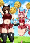  1boy absurdres animal_ears aramori_susumu black_hair black_pants blush bow braid braided_hair_rings breasts brown_hair buruma cheering cheerleader crossover ear_bow ear_covers ear_ornament flower-shaped_pupils gentildonna_(umamusume) glasses hair_between_eyes hair_ornament hair_rings haru_urara_(umamusume) headband heart-shaped_ornament heart_ear_ornament highres horse_ears horse_girl horse_tail large_breasts long_hair long_sleeves metal_gear_(series) metal_gear_rising:_revengeance multiple_girls muscular muscular_male necktie pants pink_buruma pink_hair pink_headband pom_pom_(cheerleading) receding_hairline red_eyes red_headband shirt short_hair smile socks steven_armstrong striped_clothes striped_socks symbol-shaped_pupils symbol_in_eye tail umamusume white_shirt yellow_necktie 