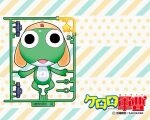  1boy alien black_eyes blue_background brown_background colored_skin copyright_name frog full_body green_skin gun hat keroro keroro_gunsou looking_at_viewer model_kit official_art official_wallpaper simple_background solo star_(symbol) weapon yoshizaki_mine 