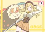  1977_oj3 1girl absurdres blonde_hair breasts brown_gloves charlotte_(madoka_magica) charlotte_(second_form)_(madoka_magica) commentary_request drill_hair fingerless_gloves gloves gun highres holding holding_weapon large_breasts mahou_shoujo_madoka_magica mahou_shoujo_madoka_magica_(anime) mahou_shoujo_madoka_magica_movie_1_&amp;_2 pleated_skirt rifle ringlets skirt smile solo tomoe_mami tomoe_mami_(magical_girl) twin_drills twintails upper_body weapon yellow_skirt 