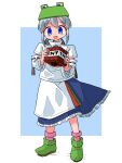  1girl absurdres blue_eyes blue_skirt blush boots commentary_request commission cosplay detached_sleeves explosive frog_hat green_boots green_hat grey_hair hat highres holding japanese_clothes kariginu kasuya_baian long_hair looking_at_viewer minecraft mononobe_no_futo open_mouth partial_commentary pixiv_commission rana_(minecraft) rana_(minecraft)_(cosplay) ribbon-trimmed_sleeves ribbon_trim skirt smile solo teeth tnt tnt_block_(minecraft) touhou upper_teeth_only 