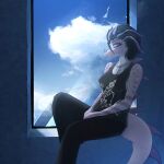 1:1 2026 anthro arm_tattoo back_spikes black_hair black_sclera blue_eyes bottomwear breasts cavemanon_studios clementdiefaul clothed clothed_anthro clothed_female clothing cloud colored cool_colors day digital_media_(artwork) digital_painting_(artwork) dinosaur eyebrow_piercing facial_horn facial_piercing female female_anthro flesh_fang fully_clothed fully_clothed_anthro fully_clothed_female hair hi_res highlights_(coloring) horn hybrid inside looking_outside nose_horn painting_(artwork) pants piercing prehistoric_species purple_body purple_scales reptile scales scalie shaded shirt short_hair sitting sky slim snout solo spiked_tail spikes spikes_(anatomy) tail tank_top tattoo topwear vanette volcaldera_ashfall window