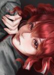  1girl aegyo_sal close-up commentary drill_hair hair_between_eyes highres kasane_teto kasane_teto_(sv) looking_at_viewer mimitanu25 red_eyes red_hair signature sleeves_past_wrists solo sparkling_eyes synthesizer_v tagme twin_drills untranslatable_commentary utau 