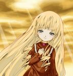  blonde_hair blue_eyes dress flower hand_on_own_chest long_hair long_sleeves otoufu rose rozen_maiden shinku smile solo sunburst very_long_hair 