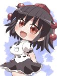  1girl :d black_hair black_ribbon black_skirt blue_background blush breast_pocket breasts buttons chibi chibi_only collared_shirt commentary_request cowboy_shot frilled_skirt frills hat highres large_breasts leg_up neck_ribbon open_mouth pocket red_eyes red_hat ribbon rokugou_daisuke shameimaru_aya shirt short_hair short_sleeves signature skirt smile solo standing standing_on_one_leg tokin_hat touhou white_shirt 
