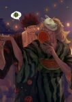  2boys absurdres denisefanta eustass_kid food_print fruit_print grimace hand_fan highres holding holding_fan holding_hands japanese_clothes killer_(one_piece) kimono long_hair male_focus mask mask_on_head mature_male multiple_boys night one_piece outdoors print_fan print_kimono red_hair summer_festival watermelon_print yaoi 