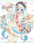  1girl 1other animal apron aqua_eyes aqua_hair blue_bow blue_dress blue_eyes blue_hair blue_sleeves blush bow bowtie bread brown_hat character-themed_food commentary_request detached_sleeves dress dress_bow feet_out_of_frame fingernails food food-themed_clothes food-themed_hat_ornament frilled_apron frills fur-trimmed_dress fur-trimmed_sleeves fur_trim hair_between_eyes hair_ornament hat hat_ornament hatsune_miku highres holding holding_tongs long_hair long_sleeves looking_at_viewer miku_day necktie official_alternate_costume official_alternate_hairstyle open_mouth pink_necktie puffy_sleeves rabbit_yukine richi short_sleeves snowflake_print tongs twintails two-tone_sleeves very_long_hair vocaloid wavy_hair white_apron yuki_miku yuki_miku_(2026) 
