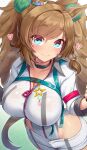  1girl animal_ears black_choker black_gloves blast_onepiece_(umamusume) blue_eyes blush braid breasts brown_hair brown_tail chest_strap choker cleavage closed_mouth clothing_cutout commentary_request ear_ornament fingerless_gloves foreshortening gloves hands_up highleg highleg_leotard highres hip_vent horse_ears horse_girl horse_tail large_breasts leotard long_hair looking_at_viewer open_clothes open_shorts shinonome_(shinonome_rynn) short_shorts shorts side_braid simple_background single_braid smile solo star_(symbol) tail tall_female twintails umamusume unbuttoned white_background white_leotard white_shorts zipper_leotard 