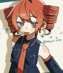  1girl blush_stickers breast_pocket collared_shirt commentary_request detached_sleeves drill_hair drop_shadow film_grain jitome kasane_teto kasane_teto_(utau) mayoi_zzz necktie pocket red_eyes red_hair shirt sleeveless sleeveless_shirt solo tongue tongue_out twin_drills twitter_username utau 