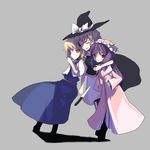  alice_margatroid arm_around_neck blonde_hair bow broom broom_riding closed_eyes grey_background group_hug hairband hat hug kirisame_marisa long_sleeves multiple_girls obscur patchouli_knowledge purple_hair red_eyes shadow simple_background smile touhou witch_hat yellow_eyes 