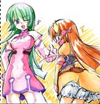  artist_request belt bloomers blue_eyes blush dress eighth_note elbow_gloves embarrassed fang gloves green_eyes green_hair hand_on_hip kotona_elegance long_hair multiple_girls musical_note one_eye_closed open_mouth orange_hair pink_gloves re_mii underwear white_bloomers zoids zoids_genesis 