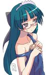  bangs blunt_bangs bow brown_eyes glasses green_hair hair_bow headdress hisakawa_chin long_hair oekaki one-piece_swimsuit original school_swimsuit solo swimsuit 