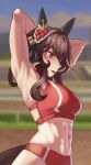  1girl abs absurdres akubaibai animal_ears armpits arms_behind_head arms_up braid braided_hair_rings breasts brown_hair buruma gentildonna_(umamusume) hair_rings heart_ear_ornament highres horse_ears horse_girl horse_tail large_breasts muscular muscular_female navel open_mouth outdoors red_buruma red_eyes red_sports_bra solo sports_bikini sports_bra stomach sweat tail track_and_field track_uniform umamusume 