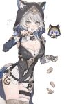  1girl animal_ear_fluff animal_ears animal_hood bell blue_eyes bow breasts cat_ears cat_girl chibi chibi_inset choker cipher_(honkai:_star_rail) cleavage clothing_cutout coa_(35_seno) coin commentary crescent fingerless_gloves gloves grey_hair highres honkai:_star_rail honkai_(series) hood leotard medium_breasts mole multicolored_hair official_art_inset sparkle streaked_hair thigh_strap untranslatable_commentary 