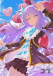  1girl absurdres animal_ears aqua_bow aqua_bowtie balloon black_jacket black_skirt blush bow bowtie coat commentary_request ear_bow ear_ribbon frilled_coat frilled_jacket frills heart_balloon highres horse_ears horse_girl horse_tail jacket jtleeklm long_hair long_sleeves looking_at_viewer mejiro_mcqueen_(frontline_elegance)_(umamusume) mejiro_mcqueen_(umamusume) open_mouth pleated_skirt purple_eyes purple_hair ribbon shirt skirt smile solo striped_clothes striped_shirt tail umamusume 