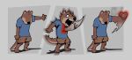 absurd_res alexyz_kun anthro barefoot black_nose blood blue_clothing blue_shirt blue_topwear bodily_fluids bottomwear brown_body brown_fur chase_hunter clothing deltarune echo_(game) echo_(series) echo_project empty_eyes facial_hair feet fur goatee heart_symbol hi_res khaki_shorts male mammal motion_blur mustelid otter otter_tail pain pockets sequence shadow shirt shorts solo tail tan_body tan_fur teeth topwear undertale_(series) video_game_reference