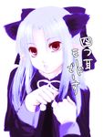  animal_ears bangs cat_ears eyebrows_visible_through_hair hair_ribbon len long_hair long_sleeves open_mouth pointy_ears red_eyes ribbon silver_hair simple_background solo translated tsukihime wemu_(ivycrown) white_background 