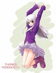  arms_up artist_request ascot boots fate/stay_night fate_(series) hits illyasviel_von_einzbern jumping long_hair long_sleeves looking_at_viewer panties pantyshot purple_footwear red_eyes silver_hair skirt smile solo underwear very_long_hair white_panties 