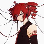  1girl acostasu ahoge bare_shoulders black_shirt black_sleeves buttons cable collared_shirt detached_sleeves double-parted_bangs drill_hair flat_chest hair_between_eyes highres huge_ahoge kasane_teto kasane_teto_(utau) long_sleeves looking_at_viewer number_tattoo parted_lips pocket red_eyes red_hair red_trim shirt short_hair shoulder_tattoo sideways_glance simple_background sleeveless sleeveless_shirt solo swept_bangs tattoo teeth twin_drills upper_body usb_cable utau white_background 