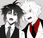  2boys absurdres alternate_costume alternate_universe antenna_hair arms_at_sides black_hair black_necktie black_vest bright_pupils brothers chara_(undertale) chinese_commentary collared_shirt colored_skin commentary_request eyes_visible_through_hair facial_hair fangs film_grain flipped_hair frisk_(undertale) grey_background grey_necktie hair_between_eyes hair_flaps hanbaobaobaozhu highres jacket lapels low_ponytail male_focus mature_male medium_hair multiple_boys necktie notched_lapels official_alternate_eye_color open_mouth outline partially_colored ponytail red_eyes red_outline red_shirt scar scar_across_eye scar_on_face shirt short_hair siblings sidelocks simple_background slit_pupils undertale upper_body utdr_(toby_fox) vest white_hair white_jacket white_pupils white_shirt white_skin xtale 