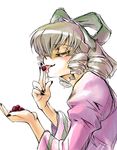  artist_request blonde_hair food fruit hina_ichigo long_sleeves naughty_face raspberry ribbon rozen_maiden solo tongue tongue_out 