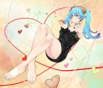  1girl 39 ahoge ai_kotoba_iii_(vocaloid) bandaid bandaid_on_face bare_legs bare_shoulders barefoot black_sweater blue_eyes blue_hair bow bow_choker choker crossed_ankles earrings eiji_(eiji) feet flower full_body hair_flower hair_ornament hatsune_miku heart heart_necklace heart_of_string jewelry legs long_hair long_sleeves nail_polish necklace off-shoulder_sweater red_string shoulder_tattoo string sweater tattoo toenail_polish toes twintails vocaloid 