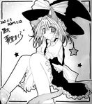  animal_ears between_legs cat_ears dated frilled_skirt frills greyscale hand_between_legs hat hat_ribbon kemonomimi_mode kirisame_marisa looking_at_viewer monochrome ribbon shikishi signature skirt solo touhou translation_request witch_hat yumesato_makura 