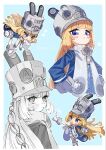  1girl :< blonde_hair blue_background blue_eyes blue_jacket blush chibi closed_mouth commentary_request gloves grey_hat hat heart heart_in_mouth highres jacket kicking large_hat long_hair looking_at_viewer marito_zzo multiple_views norma_(zenless_zone_zero) open_mouth shoes simple_background sparkle thighhighs white_gloves white_shoes white_thighhighs zenless_zone_zero 