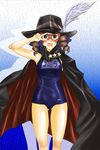  air_gear artist_request blush brown_eyes cape croissant_mask embarrassed hat maria-sama_ga_miteru mask matsudaira_touko name_tag one-piece_swimsuit parody school_swimsuit solo sweat swimsuit v v_over_eye 