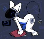  ^w^ anthro belly blue_belly bodily_fluids electrical_plug electricity erection exclamation_point genital_fluids genitals hi_res machine male outlet penis pillow precum protogen silly_imp solo text white_body 