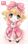  blonde_hair bow dress from_above green_eyes hair_bow hina_ichigo holding long_sleeves looking_up miyama-zero open_mouth pink_bow ribbon rozen_maiden solo 