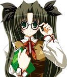  adjusting_eyewear black_hair blush book fate/stay_night fate_(series) glasses green_eyes hair_ribbon kineya_emuko long_hair long_sleeves looking_at_viewer ribbon solo toosaka_rin two_side_up upper_body vest 