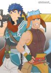  2boys animal_ears blue_eyes blue_hair cat_boy cat_ears commentary_request fingerless_gloves fire_emblem fire_emblem:_radiant_dawn gloves green_eyes grin headband headdress heterochromia ike_(fire_emblem) ike_(vanguard_legend)_(fire_emblem) kakenari looking_at_viewer male_focus multiple_boys official_alternate_costume over_shoulder purple_eyes ragnell ranulf_(fire_emblem) short_hair smile sword sword_over_shoulder tail weapon weapon_over_shoulder 
