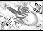  action artist_request battle broom broom_riding clenched_teeth duel flandre_scarlet greyscale hand_on_headwear hand_up hat kirisame_marisa laevatein letterboxed magic monochrome multiple_girls open_mouth outstretched_arm profile sidesaddle source_request teeth touhou wings witch_hat 