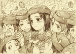  hug hug_from_behind monochrome multiple_girls naruko_hanaharu original parade shoulder_grab stewardess uniform yellow 