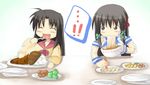  2girls :d ^_^ afterimage black_hair closed_eyes curry eating food hair_ornament ikujitto kamaboko kawana_misaki long_hair meandros meat multiple_girls narutomaki noodles one open_mouth os-tan plate ramen rice school_uniform serafuku smile spoon sweatdrop x_hair_ornament xp-tan 