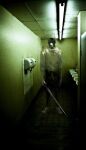  1boy bathroom black_hair black_pants dark highres holding holding_sword holding_weapon horror_(theme) jujutsu_kaisen katana kyezzzz okkotsu_yuta pants photo_background shoes short_hair solo standing sweater sword weapon white_shoes white_sweater 
