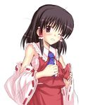  black_hair blush bow detached_sleeves hakurei_reimu long_sleeves lowres pink_eyes sarashi solo takaku_toshihiko tears touhou wince 