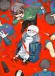  1boy 6+others :p ;d \||/ ankle_boots arm_at_side black_pants black_pantyhose black_sclera blood blood_from_mouth blood_on_clothes blue_jacket blue_pants blue_sweater blush boots brown_boots brown_hair brown_shorts center-flap_bangs chara_(undertale) clone closed_mouth collarbone colored_sclera commentary_request denim double-parted_bangs drawstring eye_contact eyes_visible_through_hair frisk_(undertale) from_above full_body genocide_route_(undertale) gold_necklace green_sweater grey_hood grid_teeth grin hair_between_eyes hand_on_own_chin hand_on_own_stomach hand_up heart heart_necklace highres holding holding_knife hood hood_down hooded_jacket jacket jeans jewelry jitome knife leaning_forward light_particles long_sleeves looking_at_another looking_down looking_up lying multiple_others necklace on_back on_stomach one_eye_closed open_clothes open_jacket pants pantyhose pool_of_blood puffy_long_sleeves puffy_sleeves purple_sweater r_5140 red_eyes sans_(undertale) short_hair shorts sidelocks single_vertical_stripe skeleton smile spoilers standing sweat sweater tongue tongue_out twitter_username two-tone_sweater undertale utdr_(toby_fox) watermark white_eyes white_sweater yellow_sweater 
