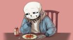  1boy :d \||/ black_sclera blue_jacket blurry_edges blush chair colored_sclera commentary drawstring dupsmj9610 elbows_on_table english_commentary food fork grey_hood grid_teeth grin hand_on_own_cheek hand_on_own_face hand_on_table hand_up hood hood_down hooded_jacket indoors jacket ketchup ketchup_bottle long_sleeves looking_at_viewer male_focus no_pupils on_chair open_clothes open_jacket pasta plate puffy_long_sleeves puffy_sleeves red_shirt sans_(undertale) shirt simple_background skeleton smile solo spaghetti spoon table undertale uneven_eyes upper_body utdr_(toby_fox) white_eyes white_shirt wooden_chair wooden_table zipper 