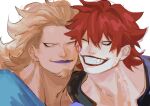  2boys absurdres blonde_hair blue_eyes cheek-to-cheek closed_mouth commentary_request denisefanta eustass_kid eyelashes facial_hair goatee grin heads_together highres killer_(one_piece) lipstick_mark lipstick_mark_on_face long_hair male_focus mature_male multiple_boys one_eye_closed one_piece purple_lips red_hair simple_background smile white_background yaoi 