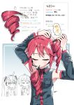  3girls absurdres akita_neru armpits bare_shoulders black_shirt black_sleeves blush breast_pocket buttons closed_eyes commentary_request detached_sleeves double-breasted drill_hair hand_in_own_hair hands_up hatsune_miku hayato_noda highres kasane_teto kasane_teto_(utau) multiple_girls nail_polish pocket red_hair red_nails shirt short_hair triple_baka_(vocaloid) twin_drills utau vocaloid 
