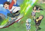  2girls adjusting_hair arms_behind_back ascot black_hair blue_eyes bracelet breasts brown_hair cloud crossed_arms day denim eureka eureka_seven eureka_seven_(series) facial_hair facial_mark flying from_above full_body goatee grabbing grass green_hair grin holland_novak jeans jewelry liftboard long_sleeves looking_at_viewer looking_up medium_breasts multiple_boys multiple_girls necklace official_art outdoors pants purple_eyes raglan_sleeves renton_thurston short_hair smile smirk standing talho_yuuki yoshida_ken'ichi 